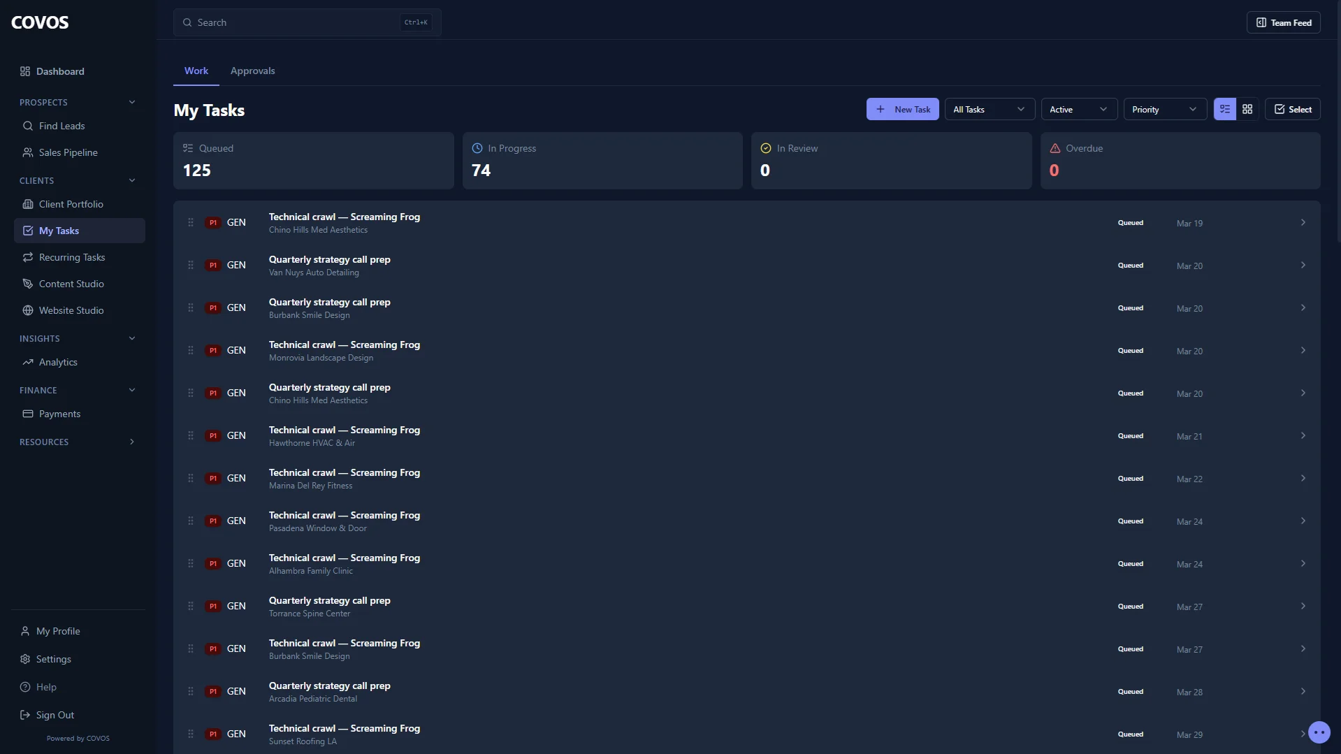 COVOS task queue showing prioritized work items across clients